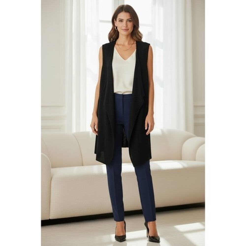 Eileen Fisher Vest L Black Wool Italian Yarn Waterfall Open Front Long Cardigan - Picture 1 of 9